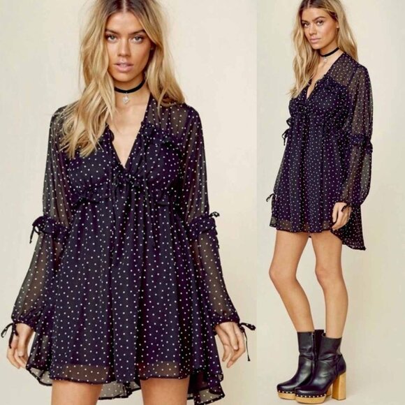 FOR LOVE & LEMONS Truffle A Line Mini Babydoll Dress Black Polka Dots XS $190 - Picture 1 of 16